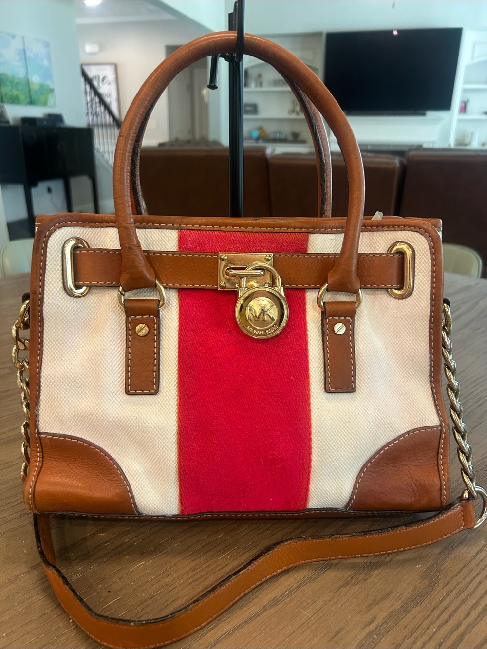 Michael Kors Brown Leather & Red Stripe Canvas Satchel
